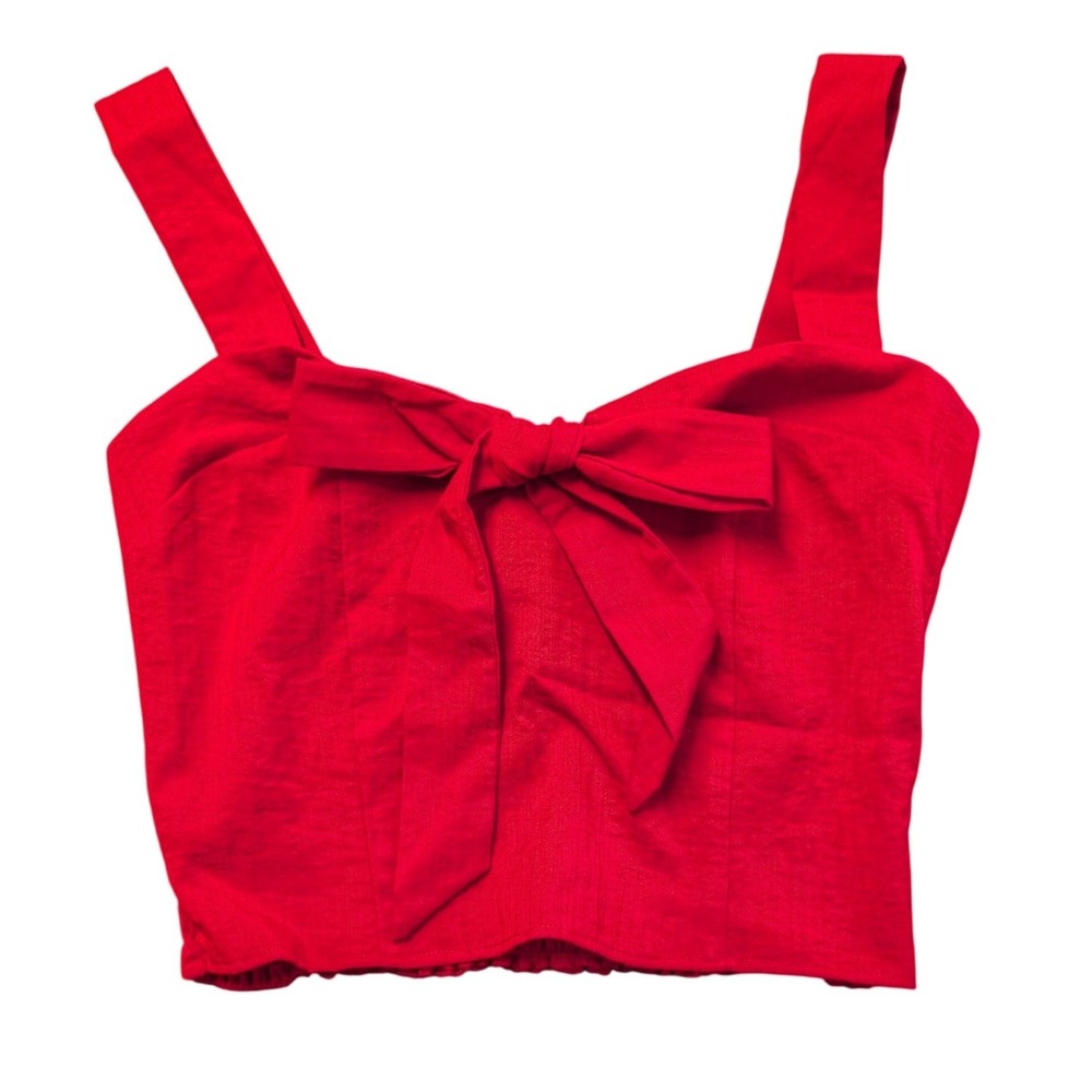 Sienna Sky Womens Red Front Tie Bow Smocked Back Sleeveless Crop Top Medium